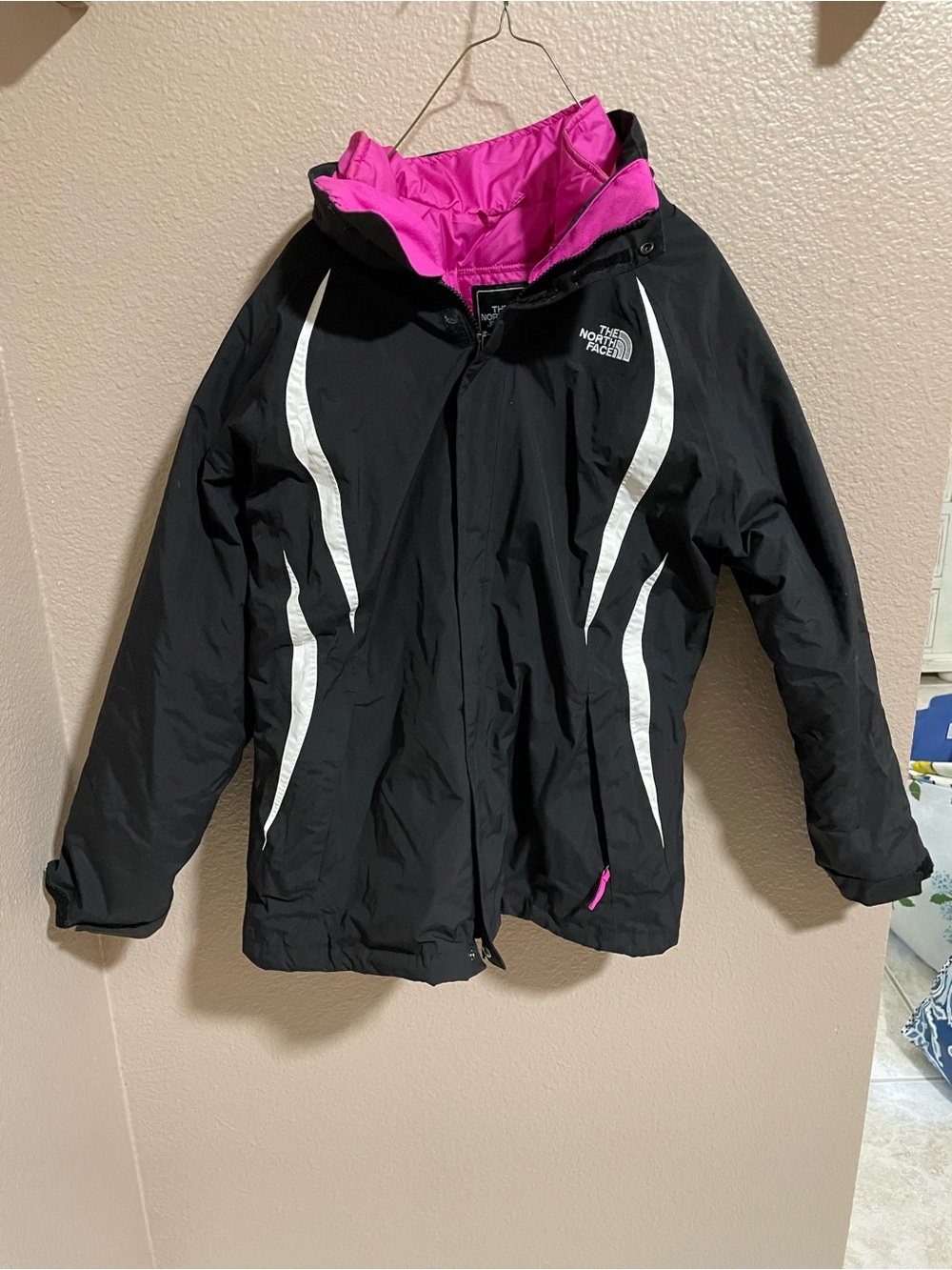 The North Face Black Jacket with Removable Pink Lining and White Accents